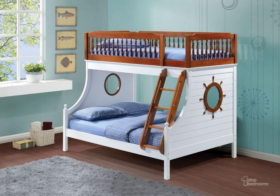 The appearance of Acme Farah Twin Over Full Bunk Bed In Oak And White designed by ACME in the coastal interior design. This oak and white piece of furniture  was selected by 1StopBedrooms from Farah Collection to add a touch of cosiness and style into your home. Sku: 37600TOP;37601BOT;37602RL;37603SL. Bed Type: Bunk Bed. Material: Wood. Product Type: Bunk Bed. Bed Size: Twin Over Full. Image1