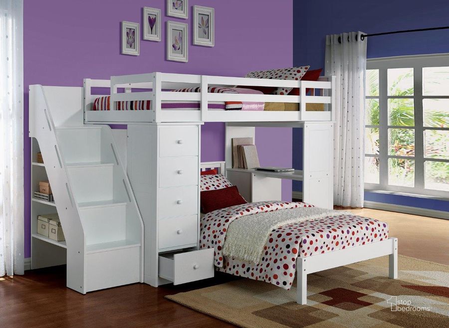 The appearance of Acme Freya Loft Bed and Bookcase Ladder In White designed by ACME in the modern / contemporary interior design. This white piece of furniture  was selected by 1StopBedrooms from Freya Collection to add a touch of cosiness and style into your home. Sku: 37145HF;37146R;37147RCH;37148LCH;37149LD. Bed Type: Bunk Bed. Material: Wood. Product Type: Bunk Bed. Bed Size: Twin. Image1
