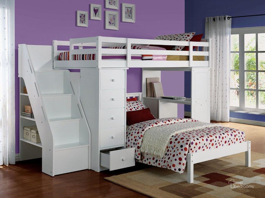 The appearance of Acme Freya Twin Bed In White designed by ACME in the modern / contemporary interior design. This white piece of furniture  was selected by 1StopBedrooms from Freya Collection to add a touch of cosiness and style into your home. Sku: 37152HF;37153R. Bed Type: Bunk Bed. Material: Wood. Product Type: Bunk Bed. Bed Size: Twin. Image1