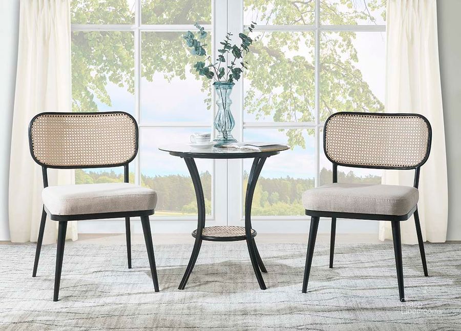 The appearance of Acme Frydel 3 Pcs Set Table And Chairs In Black Finish designed by ACME in the transitional interior design. This black piece of furniture  was selected by 1StopBedrooms from Colson Collection to add a touch of cosiness and style into your home. Sku: AC01169-1;AC01169-2. Material: Metal. Product Type: Living Room Set. Image1