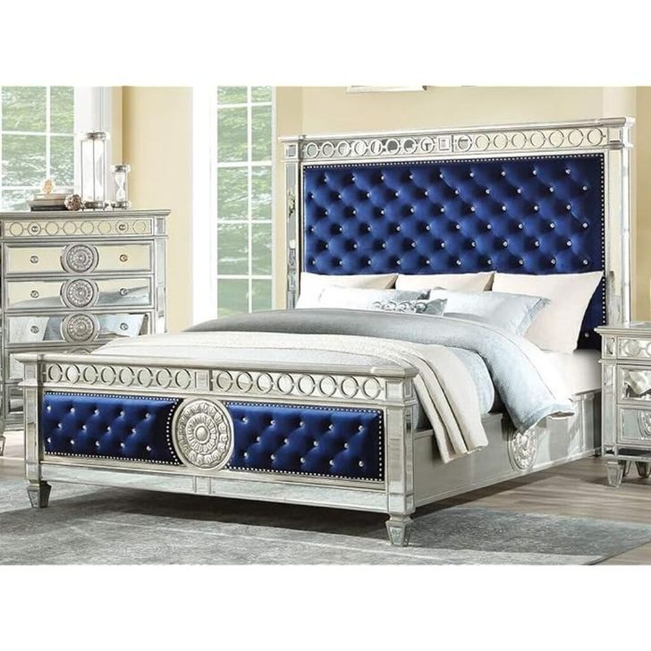 The appearance of Acme Furniture Varian Series King Size Panel Bed designed by ACME in the glam interior design. This blue velvet piece of furniture  was selected by 1StopBedrooms from Varian Collection to add a touch of cosiness and style into your home. Sku: 26147EK-HB;26148EK-FB;26149EK-R. Bed Type: Panel Bed. Material: Wood. Product Type: Panel Bed. Bed Size: King.