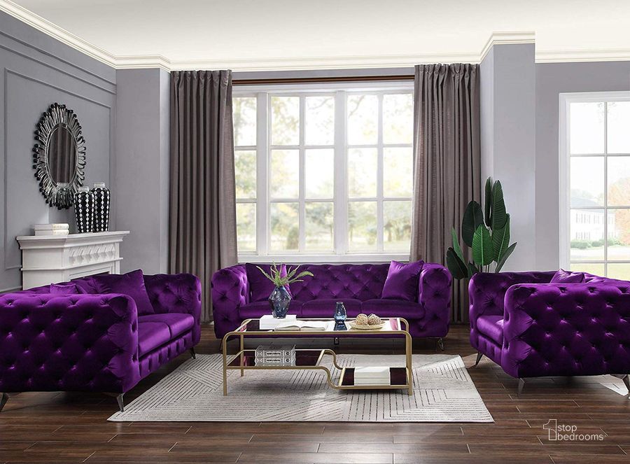The appearance of Acme Furniture Atronia Living Room Set in Purple designed by ACME in the rustic / southwestern interior design. This purple piece of furniture  was selected by 1StopBedrooms from Atronia Collection to add a touch of cosiness and style into your home. Sku: 54905;54906. Material: Upholstered. Product Type: Living Room Set. Image1
