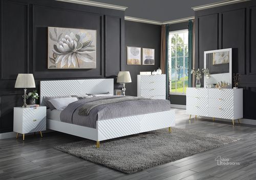 The appearance of Acme Gaines Eastern King Bed In White High Gloss Finish designed by ACME in the modern / contemporary interior design. This white high gloss piece of furniture  was selected by 1StopBedrooms from Gaines Collection to add a touch of cosiness and style into your home. Sku: BD01033EK1;BD01033EK2. Bed Type: Platform Bed. Material: Wood. Product Type: Platform Bed. Bed Size: Eastern King. Image1