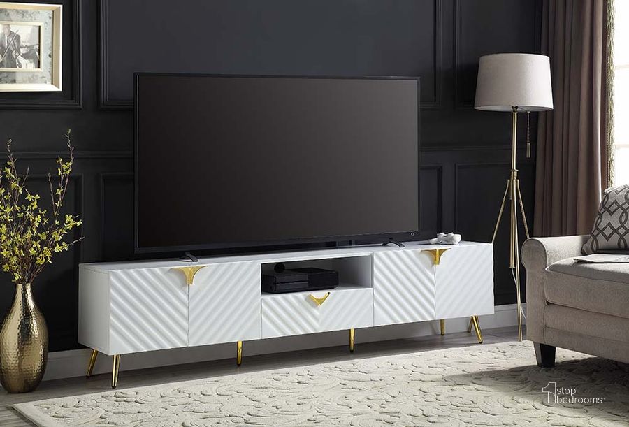 The appearance of Acme Gaines TV Stand In White High Gloss Finish designed by ACME in the modern / contemporary interior design. This white high gloss piece of furniture  was selected by 1StopBedrooms from Gaines Collection to add a touch of cosiness and style into your home. Sku: LV01138. Material: Wood. Product Type: TV Stand. Image1
