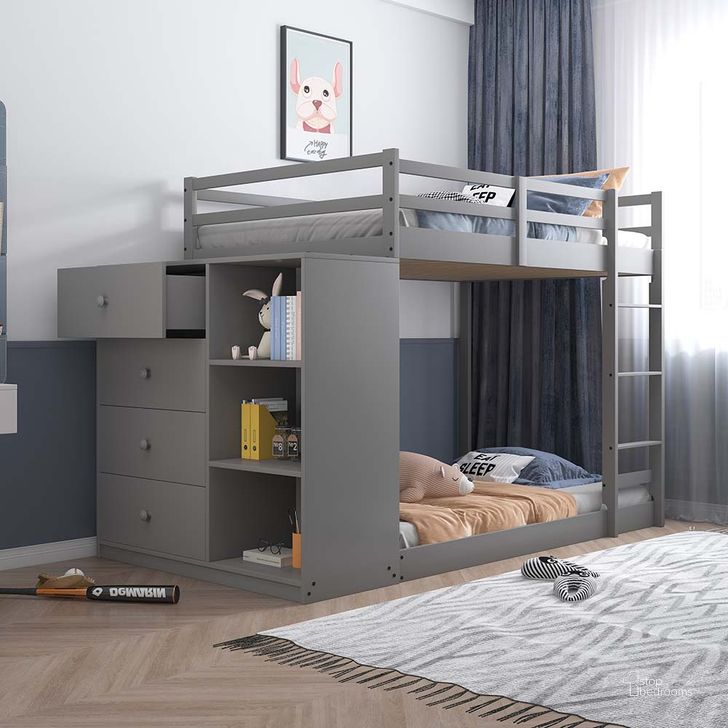 The appearance of Acme Gaston Twin Over Twin Bunk Bed With Cabinet In Gray Finish designed by ACME in the transitional interior design. This gray piece of furniture  was selected by 1StopBedrooms from Gaston Collection to add a touch of cosiness and style into your home. Sku: BD01372-1;BD01372-2;BD01372-3. Bed Type: Bunk Bed. Material: Wood. Product Type: Bunk Bed. Bed Size: Twin Over Twin. Image1