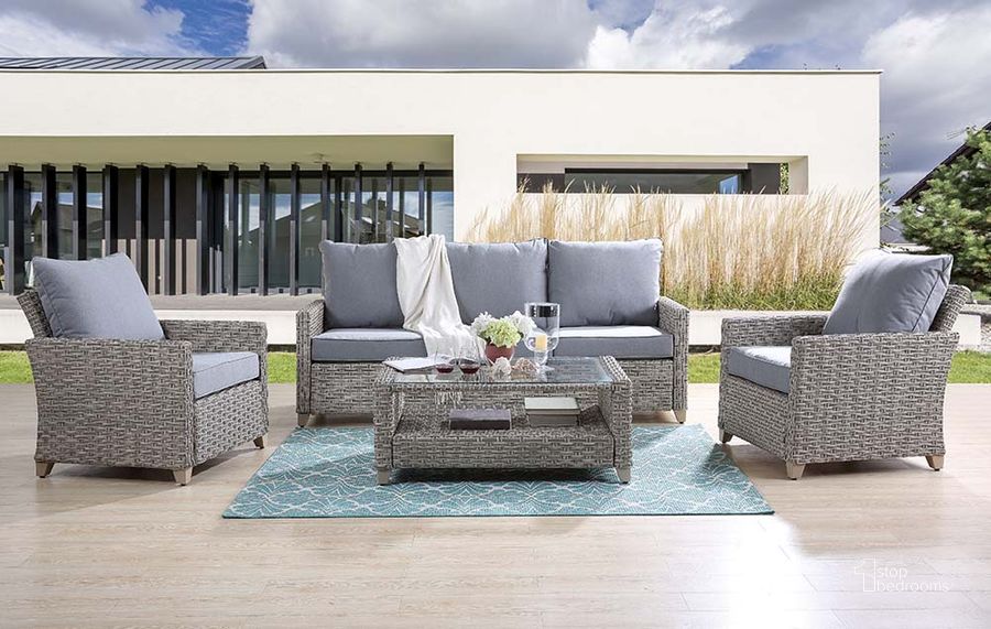 The appearance of Acme Greeley 4Pc Pack Patio Sofa Set In Gray Fabric and Gray Finish designed by ACME in the transitional interior design. This gray gray piece of furniture  was selected by 1StopBedrooms from Greeley Collection to add a touch of cosiness and style into your home. Sku: OT01090. Material: Metal. Product Type: Outdoor Sofa. Image1