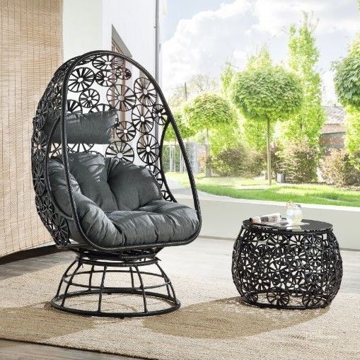 Acme Hikre Patio Lounge Chair And Side Table In Charcoal Fabric And Black  Wicker