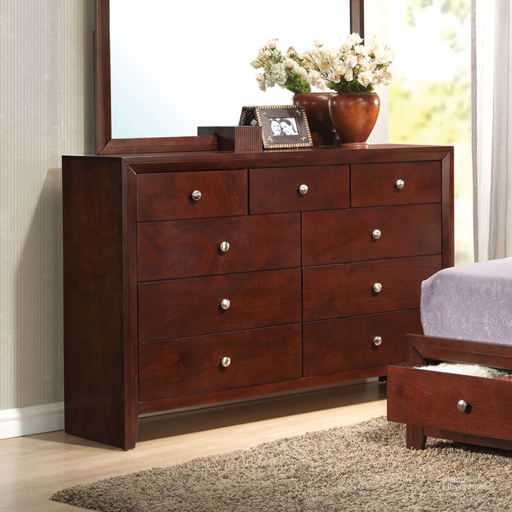 The appearance of ACME Ilana Contemporary Nine Drawer Dresser in Brown Cherry designed by ACME in the transitional interior design. This brown piece of furniture  was selected by 1StopBedrooms from Ilana Collection to add a touch of cosiness and style into your home. Sku: 20405. Material: Wood. Product Type: Dresser. Image1