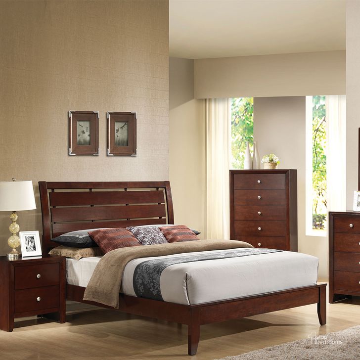 The appearance of Acme Ilana King Platform Bed with Slat Design Headboard in Brown Cherry designed by ACME in the transitional interior design. This brown piece of furniture  was selected by 1StopBedrooms from Ilana Collection to add a touch of cosiness and style into your home. Sku: 20397EK-HF;20398EK-R. Bed Type: Panel Bed. Material: Wood. Product Type: Panel Bed. Bed Size: King. Image1