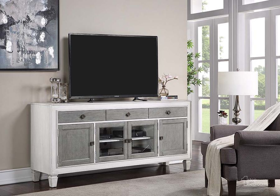 The appearance of Acme Katia TV Stand In Rustic Gray And White Finish designed by ACME in the transitional interior design. This grey piece of furniture  was selected by 1StopBedrooms from Katia Collection to add a touch of cosiness and style into your home. Sku: LV01317. Material: Wood. Product Type: TV Stand. Image1