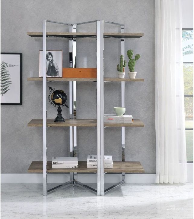 The appearance of Acme Libby Bookshelf In Chrome designed by ACME in the industrial interior design. This chrome piece of furniture  was selected by 1StopBedrooms from Libby Collection to add a touch of cosiness and style into your home. Sku: 92545. Material: Wood. Product Type: Bookcase. Image1