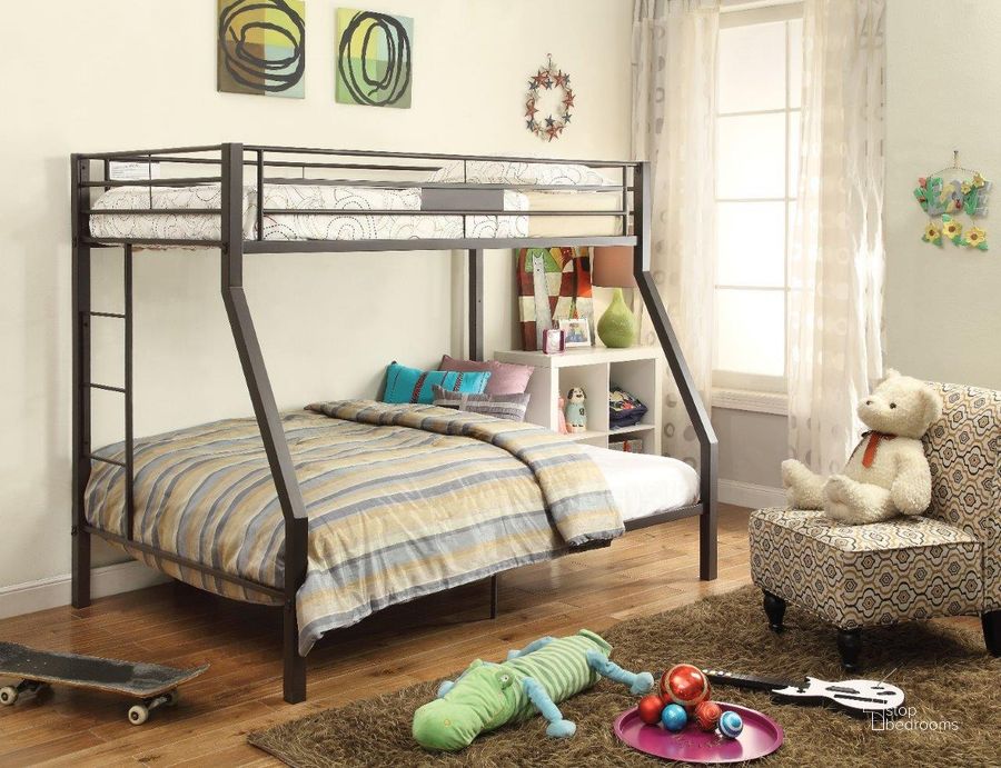 The appearance of Acme Limbra Twin Over Full Bunk Bed In Sandy Brown designed by ACME in the modern / contemporary interior design. This sandy black piece of furniture  was selected by 1StopBedrooms from Limbra Collection to add a touch of cosiness and style into your home. Sku: 37510-1;37511-2. Bed Type: Bunk Bed. Material: Metal. Product Type: Bunk Bed. Bed Size: Twin Over Full. Image1