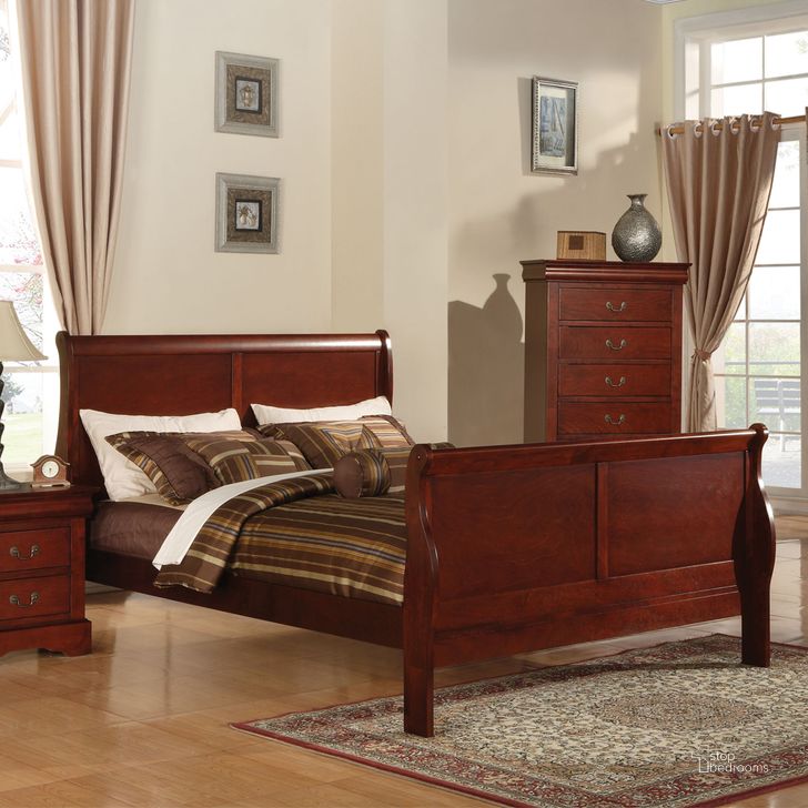 The appearance of Acme Louis Phillipe III Eastern King Sleigh Bed in Cherry designed by ACME in the transitional interior design. This cherry piece of furniture  was selected by 1StopBedrooms from Louis Phillipe III Collection to add a touch of cosiness and style into your home. Sku: 19517EK-HF;19518EK-R. Bed Type: Sleigh Bed. Material: Wood. Product Type: Sleigh Bed. Bed Size: King. Image1