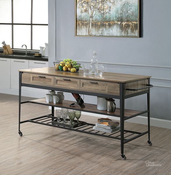 The appearance of Acme Macaria Kitchen Island In Rustic Oak And Black Finish AC00402 designed by ACME in the industrial interior design. This rustic oak piece of furniture  was selected by 1StopBedrooms from Macaria Collection to add a touch of cosiness and style into your home. Sku: AC00402. Material: Wood. Product Type: Kitchen Island. Image1