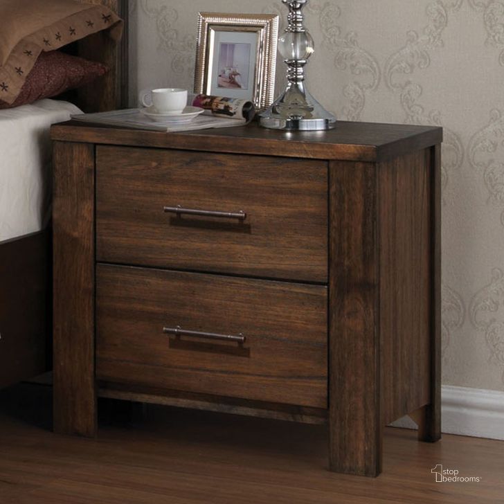 The appearance of Acme Merrilee 2-Drawer Nightstand in Oak designed by ACME in the transitional interior design. This brown piece of furniture  was selected by 1StopBedrooms from Merrilee Collection to add a touch of cosiness and style into your home. Sku: 21683. Material: Wood. Product Type: Nightstand. Image1