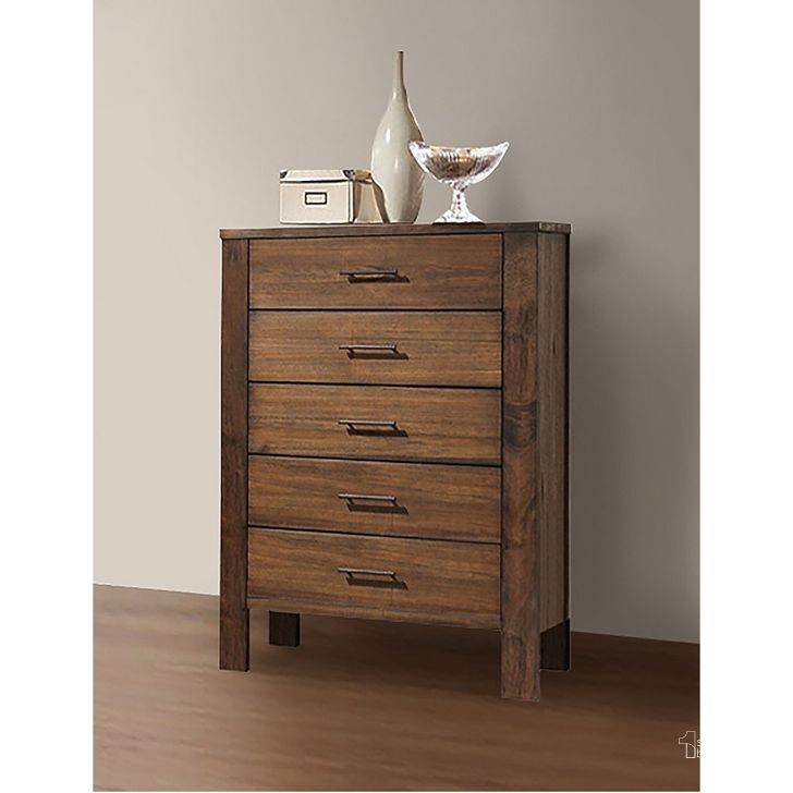 The appearance of Acme Merrilee 5-Drawer Chest in Oak designed by ACME in the transitional interior design. This brown piece of furniture  was selected by 1StopBedrooms from Merrilee Collection to add a touch of cosiness and style into your home. Sku: 21686. Material: Wood. Product Type: Chest. Image1