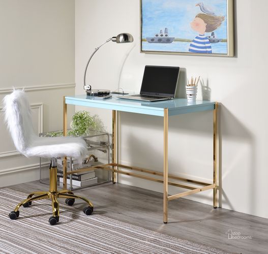 The appearance of Acme Midriaks Writing Desk With Usb In Baby Blue And Gold Finish designed by ACME in the modern / contemporary interior design. This baby blue piece of furniture  was selected by 1StopBedrooms from Midriaks Collection to add a touch of cosiness and style into your home. Sku: OF00023. Material: Wood. Product Type: Writing Desk. Image1