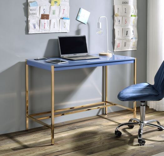 The appearance of Acme Midriaks Writing Desk With Usb In Navy Blue And Gold Finish designed by ACME in the modern / contemporary interior design. This navy blue piece of furniture  was selected by 1StopBedrooms from Midriaks Collection to add a touch of cosiness and style into your home. Sku: OF00022. Material: Wood. Product Type: Writing Desk. Image1