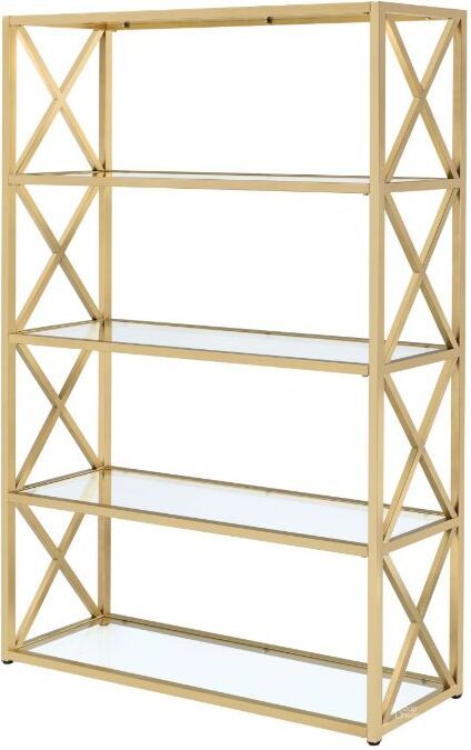 The appearance of Acme Milavera Bookshelf In Gold and Clear Glass designed by ACME in the modern / contemporary interior design. This gold piece of furniture  was selected by 1StopBedrooms from Milavera Collection to add a touch of cosiness and style into your home. Sku: 92460BASE;92461GL. Material: Metal. Product Type: Office Bookshelf. Image1