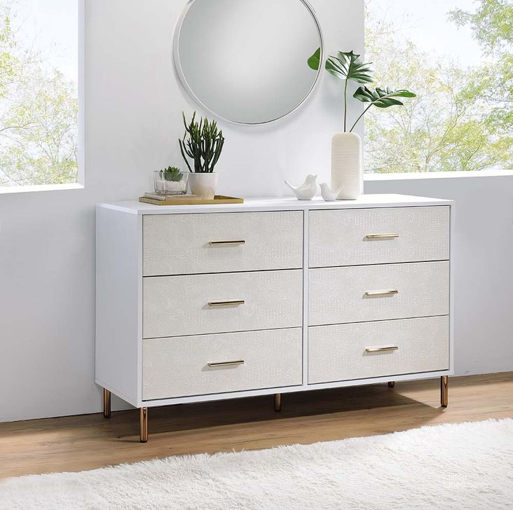 The appearance of Acme Myles Dresser In Champagne And Gold Finish designed by ACME in the modern / contemporary interior design. This champagne piece of furniture  was selected by 1StopBedrooms from Myles Collection to add a touch of cosiness and style into your home. Sku: AC00960. Material: Metal. Product Type: Dresser. Image1
