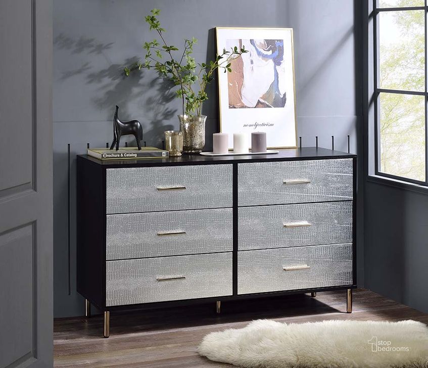 The appearance of Acme Myles Dresser In Silver And Gold Finish designed by ACME in the modern / contemporary interior design. This silver and gold piece of furniture  was selected by 1StopBedrooms from Myles Collection to add a touch of cosiness and style into your home. Sku: AC00961. Material: Metal. Product Type: Dresser. Image1