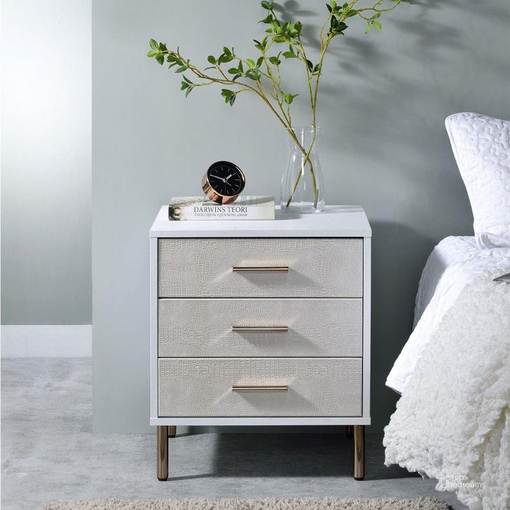 The appearance of Acme Myles Nightstand In Champagne And Gold Finish designed by ACME in the modern / contemporary interior design. This champagne piece of furniture  was selected by 1StopBedrooms from Myles Collection to add a touch of cosiness and style into your home. Sku: AC00843. Material: Metal. Product Type: Nightstand. Image1