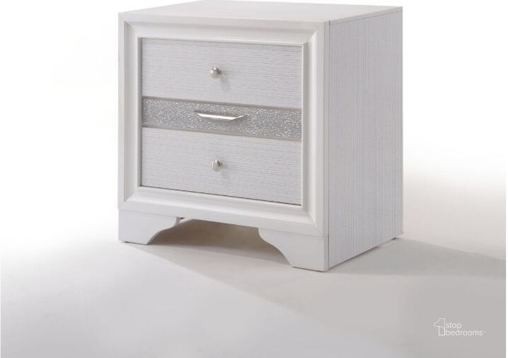 The appearance of Acme Naima 3 Drawer Nightstand in White designed by ACME in the modern / contemporary interior design. This white piece of furniture  was selected by 1StopBedrooms from Naima Collection to add a touch of cosiness and style into your home. Sku: 25773. Material: Wood. Product Type: Nightstand. Image1