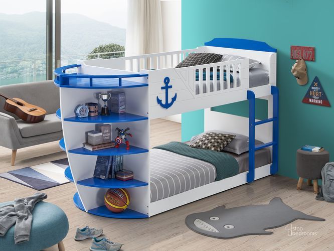 The appearance of Acme Neptune Twin Over Twin Bunk Bed With Storage Shelves In Sky Blue Finish designed by ACME in the coastal interior design. This sky blue piece of furniture  was selected by 1StopBedrooms from Neptune Collection to add a touch of cosiness and style into your home. Sku: BD00577-1;BD00577-2;BD00577-3;BD00577-4. Bed Type: Bunk Bed. Material: Wood. Product Type: Bunk Bed. Bed Size: Twin Over Twin. Image1