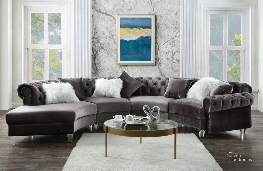 The appearance of Acme Ninagold Sectional Sofa With 7 Pillows In Gray Velvet designed by ACME in the modern / contemporary interior design. This gray velvet piece of furniture  was selected by 1StopBedrooms from Ninagold Collection to add a touch of cosiness and style into your home. Sku: 57355RCH;57356ARM;57356ARM;57357CHA. Material: Wood. Product Type: Sectional. Layout: Curved.