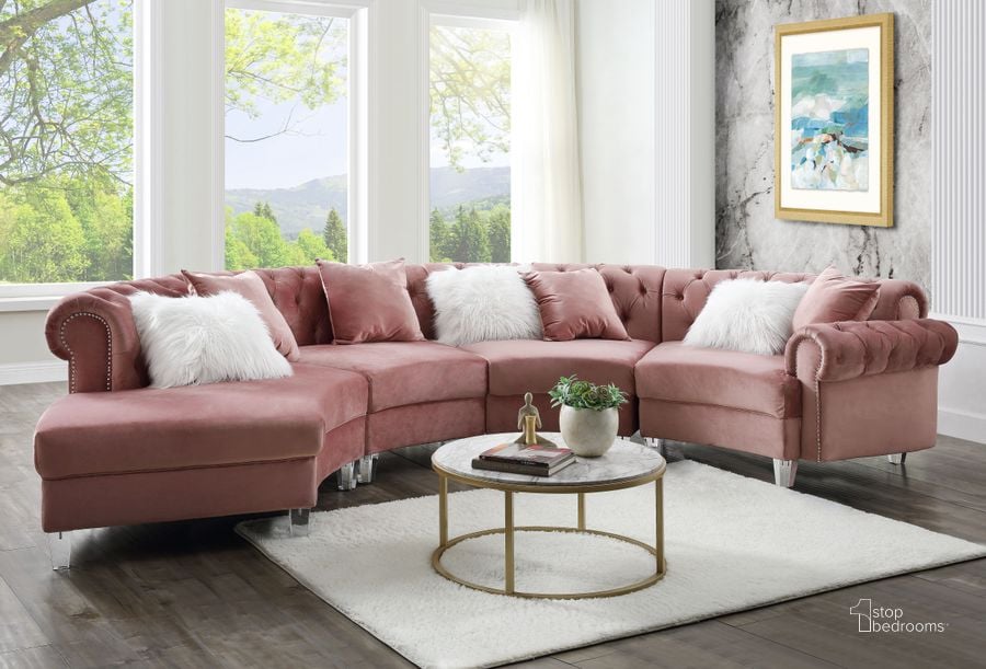 The appearance of Acme Ninagold Sectional Sofa With 7 Pillows In Pink Velvet designed by ACME in the modern / contemporary interior design. This pink velvet piece of furniture  was selected by 1StopBedrooms from Ninagold Collection to add a touch of cosiness and style into your home. Sku: 57360RCH;57361ARM;57361ARM;57362CHA. Material: Wood. Product Type: Sectional. Layout: Curved.