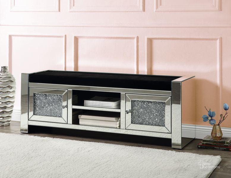 The appearance of Acme Noralie Bench With Storage In Mirrored And Faux Diamonds AC00539 designed by ACME in the glam interior design. This mirrored piece of furniture  was selected by 1StopBedrooms from Noralie Collection to add a touch of cosiness and style into your home. Sku: AC00539. Material: Wood. Product Type: Bench. Image1