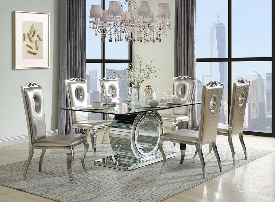 The appearance of Acme Noralie Dining Table In Mirrored and Faux Diamonds DN00720 designed by ACME in the glam interior design. This mirrored piece of furniture  was selected by 1StopBedrooms from Noralie Collection to add a touch of cosiness and style into your home. Sku: DN00720-1;DN00720-2. Table Base Style: Pedestal. Material: Wood. Product Type: Dining Table. Table Top Shape: Rectangular. Image1