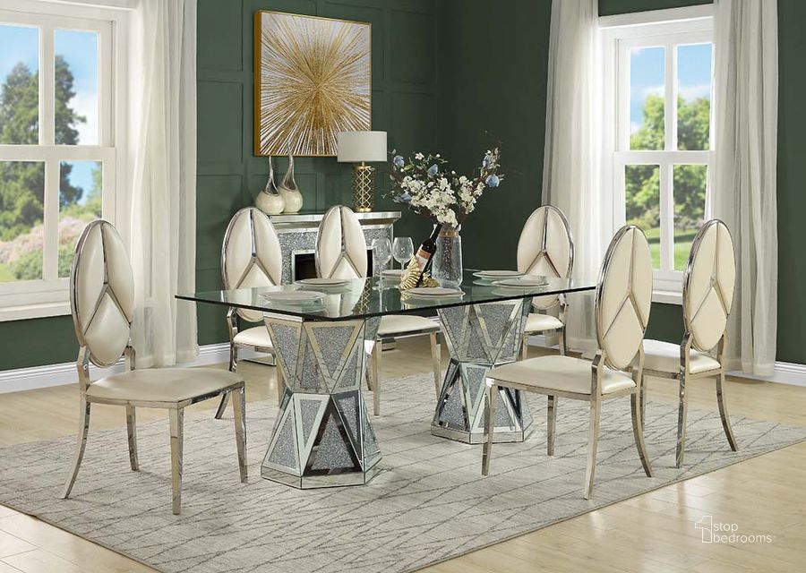 The appearance of Acme Noralie Dining Table In Mirrored and Faux Diamonds DN00722 designed by ACME in the glam interior design. This mirrored piece of furniture  was selected by 1StopBedrooms from Noralie Collection to add a touch of cosiness and style into your home. Sku: DN00722-1;DN00722-2;DN00722-3. Table Base Style: Double Pedestal. Material: Wood. Product Type: Dining Table. Table Top Shape: Rectangular. Image1