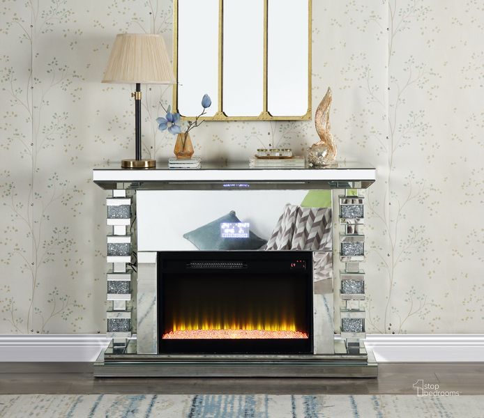The appearance of Acme Noralie Fireplace With Bluetooth In Mirrored And Faux Diamonds AC00509 designed by ACME in the glam interior design. This mirrored piece of furniture  was selected by 1StopBedrooms from Noralie Collection to add a touch of cosiness and style into your home. Sku: AC00509. Material: Wood. Product Type: Fireplace. Image1