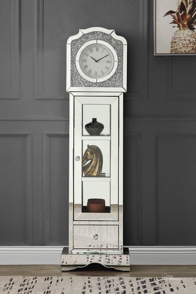The appearance of Acme Noralie Grandfather Clock In Mirrored And Faux Diamonds AC00309 designed by ACME in the glam interior design. This mirrored piece of furniture  was selected by 1StopBedrooms from Noralie Collection to add a touch of cosiness and style into your home. Sku: AC00309. Material: Wood. Product Type: Clock.