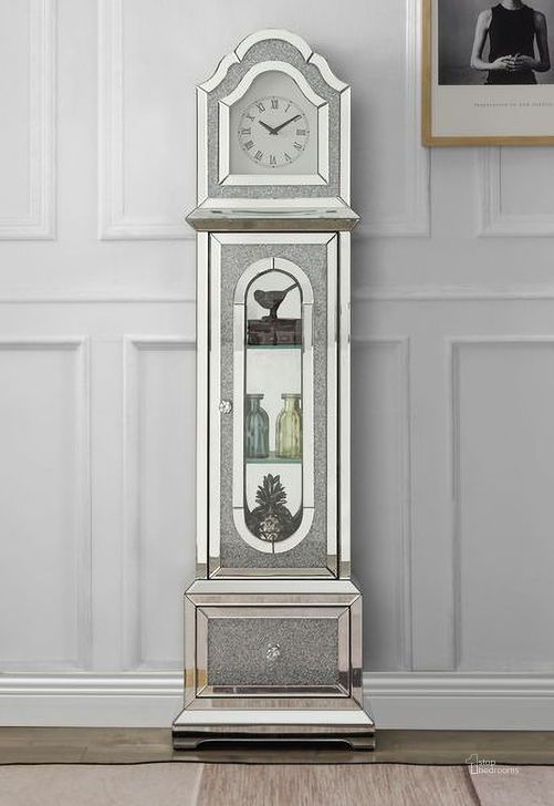 The appearance of Acme Noralie Grandfather Clock In Mirrored And Faux Diamonds AC00347 designed by ACME in the glam interior design. This mirrored piece of furniture  was selected by 1StopBedrooms from Noralie Collection to add a touch of cosiness and style into your home. Sku: AC00347. Material: Wood. Product Type: Clock.