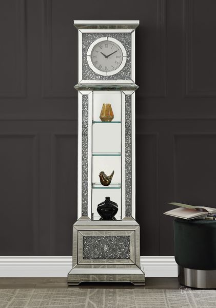 The appearance of Acme Noralie Grandfather Clock In Mirrored And Faux Diamonds AC00348 designed by ACME in the glam interior design. This mirrored piece of furniture  was selected by 1StopBedrooms from Noralie Collection to add a touch of cosiness and style into your home. Sku: AC00348. Material: Wood. Product Type: Clock. Image1