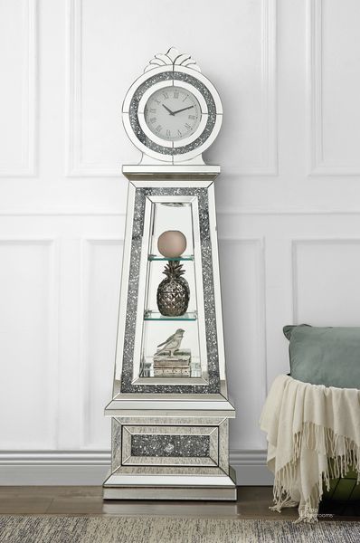 The appearance of Acme Noralie Grandfather Clock In Mirrored And Faux Diamonds AC00349 designed by ACME in the glam interior design. This mirrored piece of furniture  was selected by 1StopBedrooms from Noralie Collection to add a touch of cosiness and style into your home. Sku: AC00349. Material: Wood. Product Type: Clock.