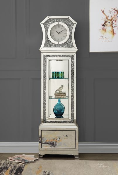 The appearance of Acme Noralie Grandfather Clock In Mirrored And Faux Diamonds AC00350 designed by ACME in the glam interior design. This mirrored piece of furniture  was selected by 1StopBedrooms from Noralie Collection to add a touch of cosiness and style into your home. Sku: AC00350. Material: Wood. Product Type: Clock.