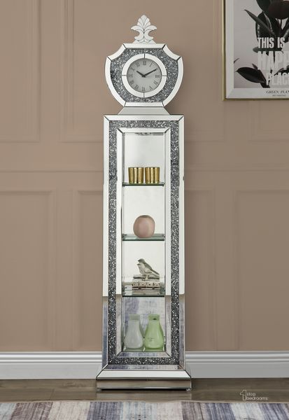 The appearance of Acme Noralie Grandfather Clock In Mirrored And Faux Diamonds AC00351 designed by ACME in the glam interior design. This mirrored piece of furniture  was selected by 1StopBedrooms from Noralie Collection to add a touch of cosiness and style into your home. Sku: AC00351. Material: Wood. Product Type: Clock.