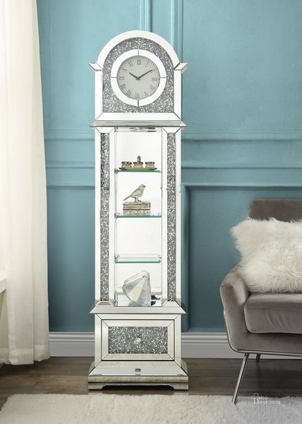 The appearance of Acme Noralie Grandfather Clock In Mirrored And Faux Diamonds AC00352 designed by ACME in the glam interior design. This mirrored piece of furniture  was selected by 1StopBedrooms from Noralie Collection to add a touch of cosiness and style into your home. Sku: AC00352. Material: Wood. Product Type: Clock.