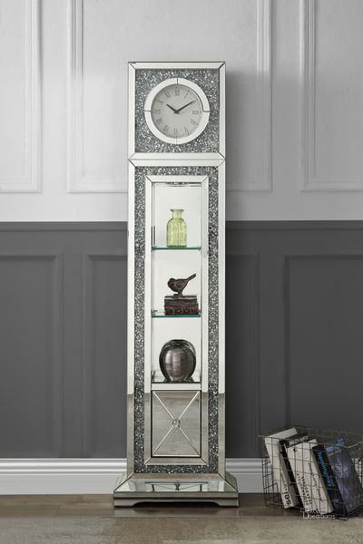 The appearance of Acme Noralie Grandfather Clock In Mirrored And Faux Diamonds AC00354 designed by ACME in the glam interior design. This mirrored piece of furniture  was selected by 1StopBedrooms from Noralie Collection to add a touch of cosiness and style into your home. Sku: AC00354. Material: Wood. Product Type: Clock.