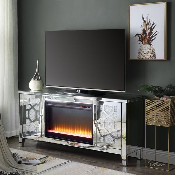 The appearance of Acme Noralie TV Stand With Fireplace In Mirrored And Faux Diamonds LV00312 designed by ACME in the glam interior design. This mirrored piece of furniture  was selected by 1StopBedrooms from Noralie Collection to add a touch of cosiness and style into your home. Sku: LV00312. Material: Wood. Product Type: TV Stand.