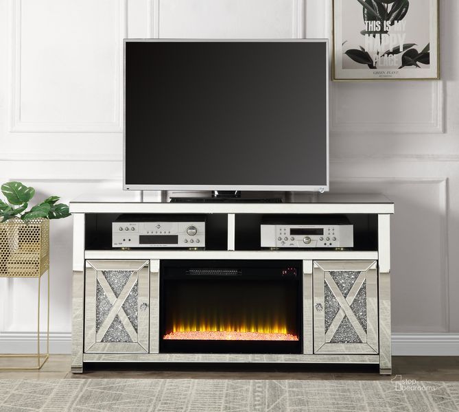 The appearance of Acme Noralie TV Stand With Fireplace In Mirrored And Faux Diamonds LV00318 designed by ACME in the glam interior design. This mirrored piece of furniture  was selected by 1StopBedrooms from Noralie Collection to add a touch of cosiness and style into your home. Sku: LV00318. Material: Wood. Product Type: TV Stand.