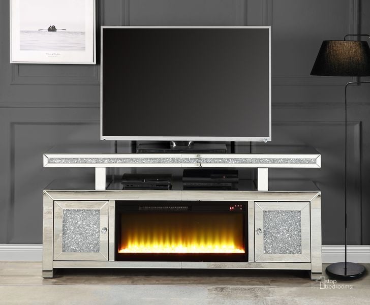 The appearance of Acme Noralie TV Stand With Fireplace In Mirrored And Faux Diamonds LV00523 designed by ACME in the glam interior design. This mirrored piece of furniture  was selected by 1StopBedrooms from Noralie Collection to add a touch of cosiness and style into your home. Sku: LV00523. Material: Wood. Product Type: TV Stand. Image1