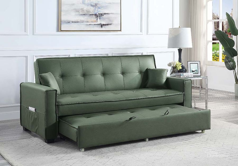 The appearance of Acme Octavio Adjustable Sofa With 2 Pillows In Green Fabric designed by ACME in the modern / contemporary interior design. This green piece of furniture  was selected by 1StopBedrooms from Octavio Collection to add a touch of cosiness and style into your home. Sku: LV00824. Material: Wood. Product Type: Sofa. Image1