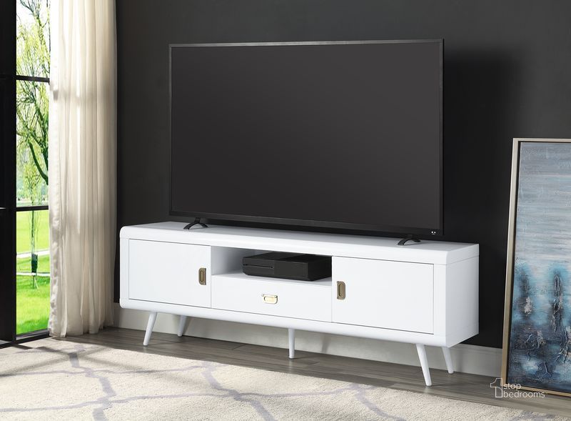 The appearance of Acme Pagan TV Stand In White High Gloss Finish designed by ACME in the modern / contemporary interior design. This white high gloss piece of furniture  was selected by 1StopBedrooms from Pagan Collection to add a touch of cosiness and style into your home. Sku: LV00745. Material: Wood. Product Type: TV Stand. Image1