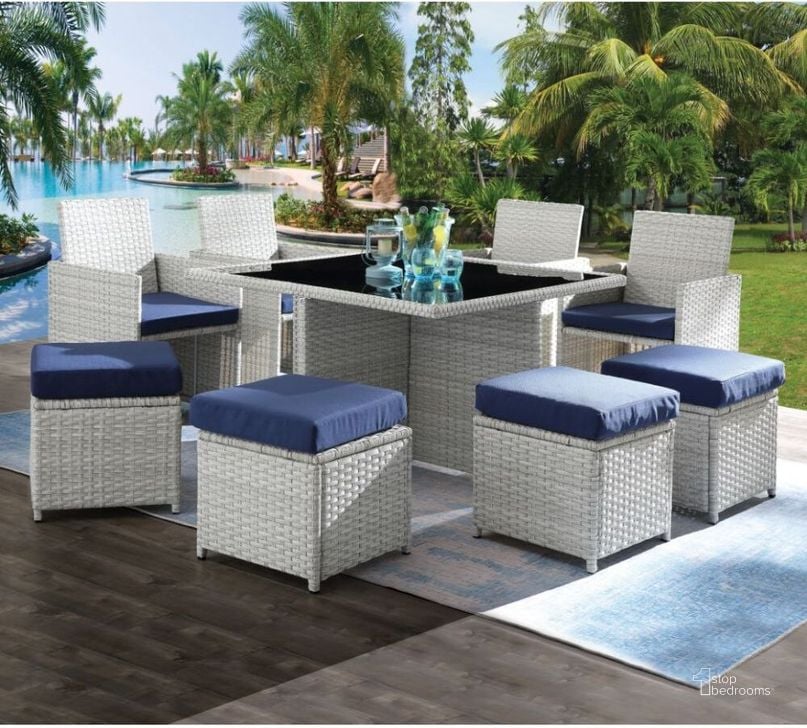 The appearance of Acme Paitalyi 9Pc Patio Set In Blue Fabric and Wicker designed by ACME in the modern / contemporary interior design. This blue piece of furniture  was selected by 1StopBedrooms from Paitalyi Collection to add a touch of cosiness and style into your home. Sku: 45075CHA;45076OTT;45077TAB. Material: Glass. Product Type: Outdoor Set.