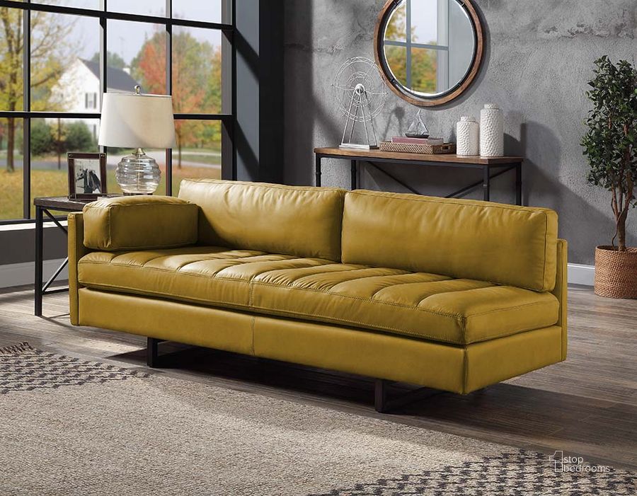 The appearance of Acme Radia Sofa With 1 Pillow designed by ACME in the industrial interior design. This mustard piece of furniture  was selected by 1StopBedrooms from Radia Collection to add a touch of cosiness and style into your home. Sku: LV01022. Material: Wood. Product Type: Sofa. Image1