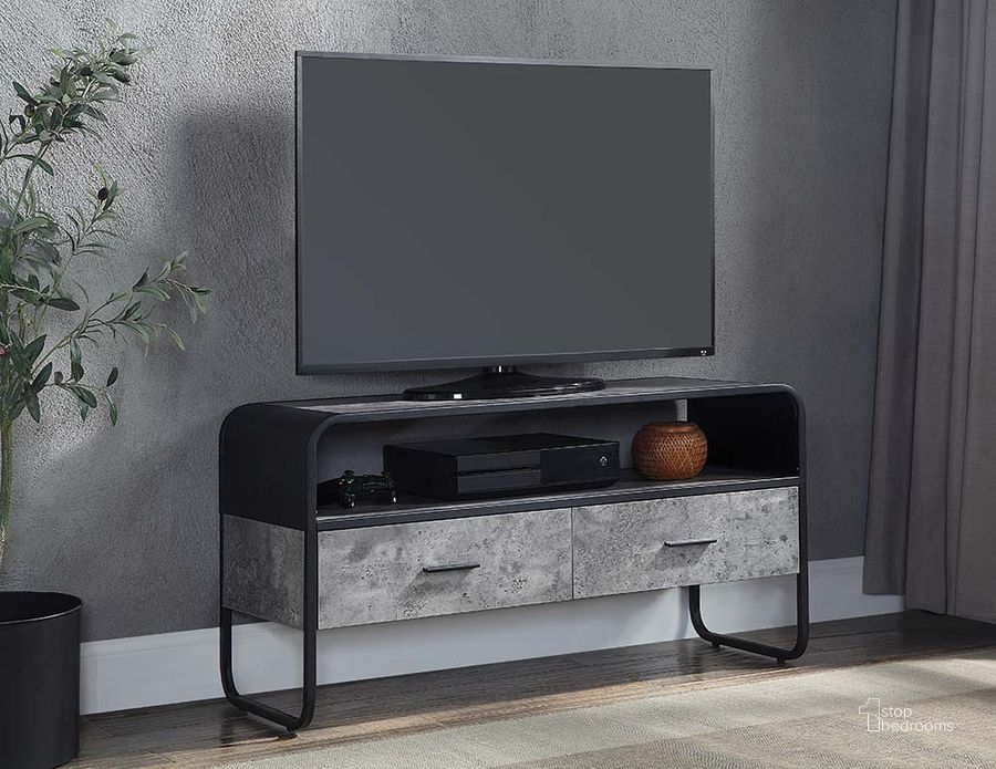The appearance of Acme Raziela TV Stand In Concrete Gray And Black Finish LV01143 designed by ACME in the industrial interior design. This grey piece of furniture  was selected by 1StopBedrooms from Raziela Collection to add a touch of cosiness and style into your home. Sku: LV01143. Material: Wood. Product Type: TV Stand. Image1